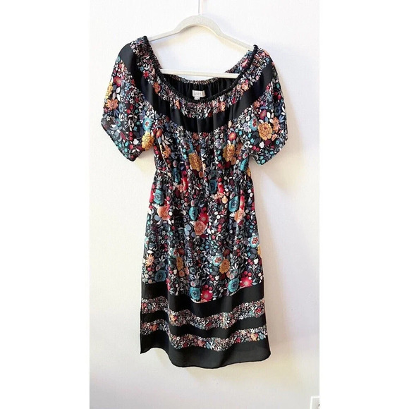 Ann Taylor Loft Black Floral Off Shoulder Dress Women's Sz Small Petite Boho - Picture 3 of 12